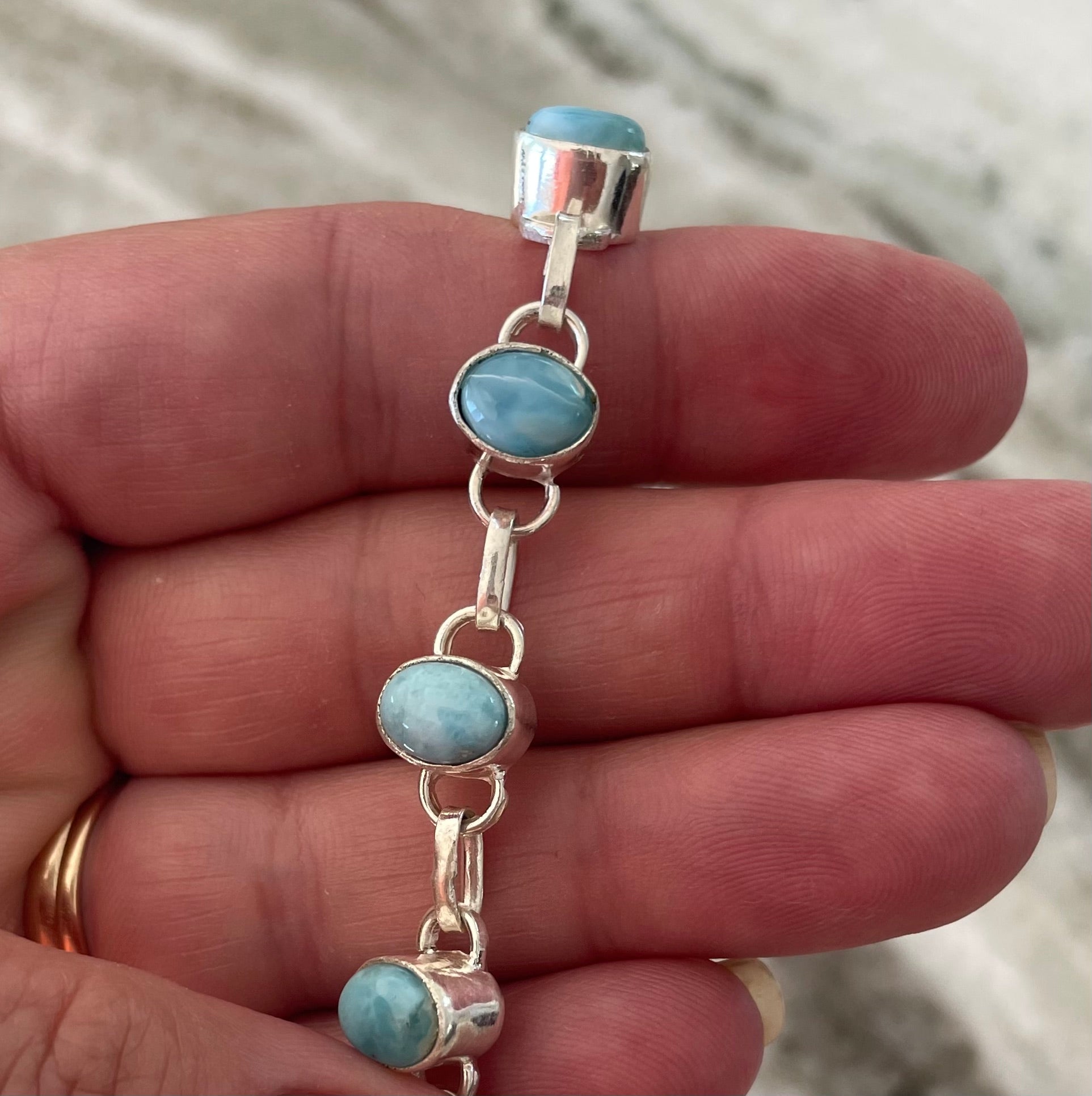 Oval Larimar Bracelet – 925 Sterling Silver Adjustable 8 Inch with Lobster Clasp