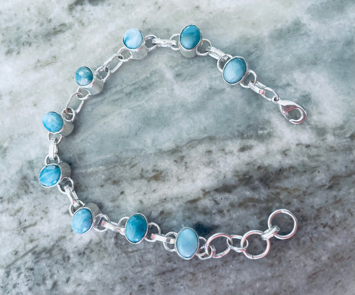 Oval Larimar Bracelet – 925 Sterling Silver Adjustable 8 Inch with Lobster Clasp