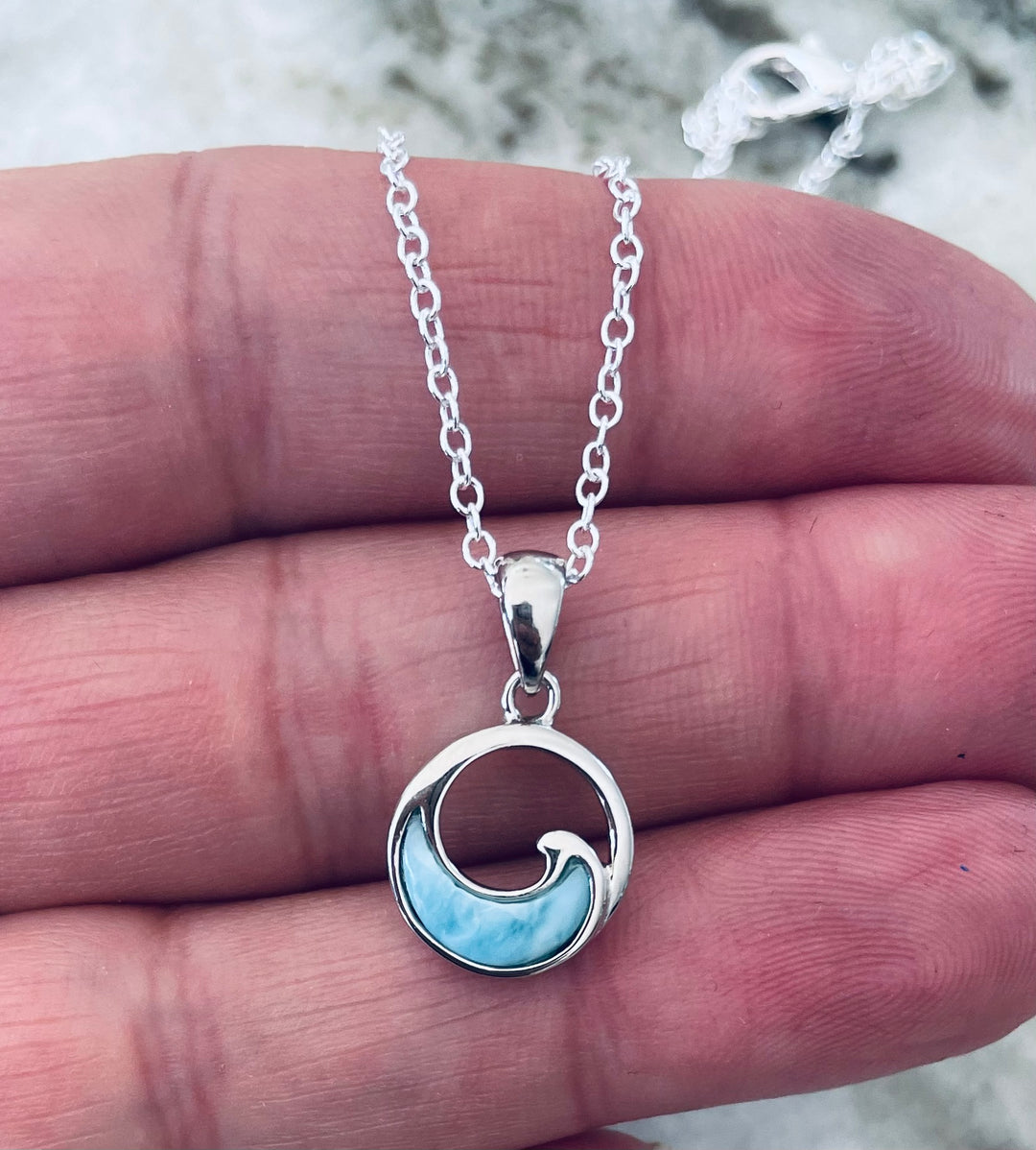 Small Ocean Wave Larimar Necklace – 925 Sterling Silver Pendant (13mm)