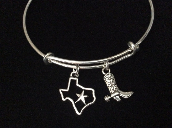 Texas Charm Bracelet | Lone Star &amp; Cowboy Boot Silver Expandable Bangle Gift
