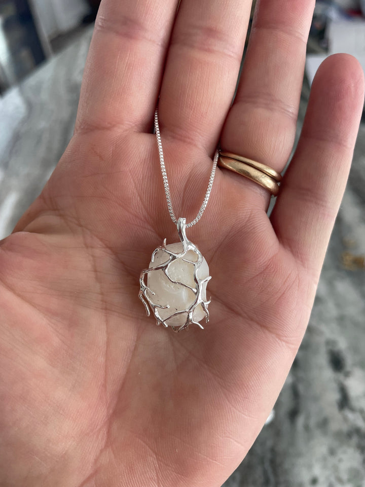 Lake Erie Lucky Stone Necklace – Sterling Silver Chain with Silver Wire Wrapped Lucky Stone