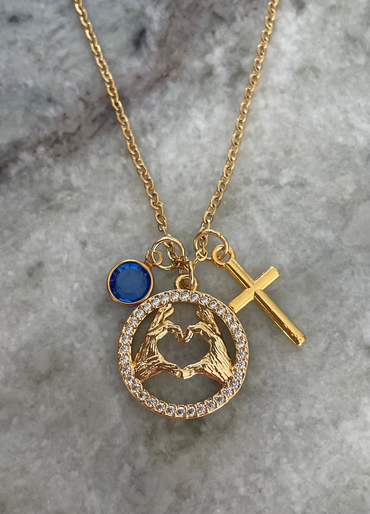 Gold Heart Hands Necklace with Cross &amp; Birthstone Religious Jewelry Gift