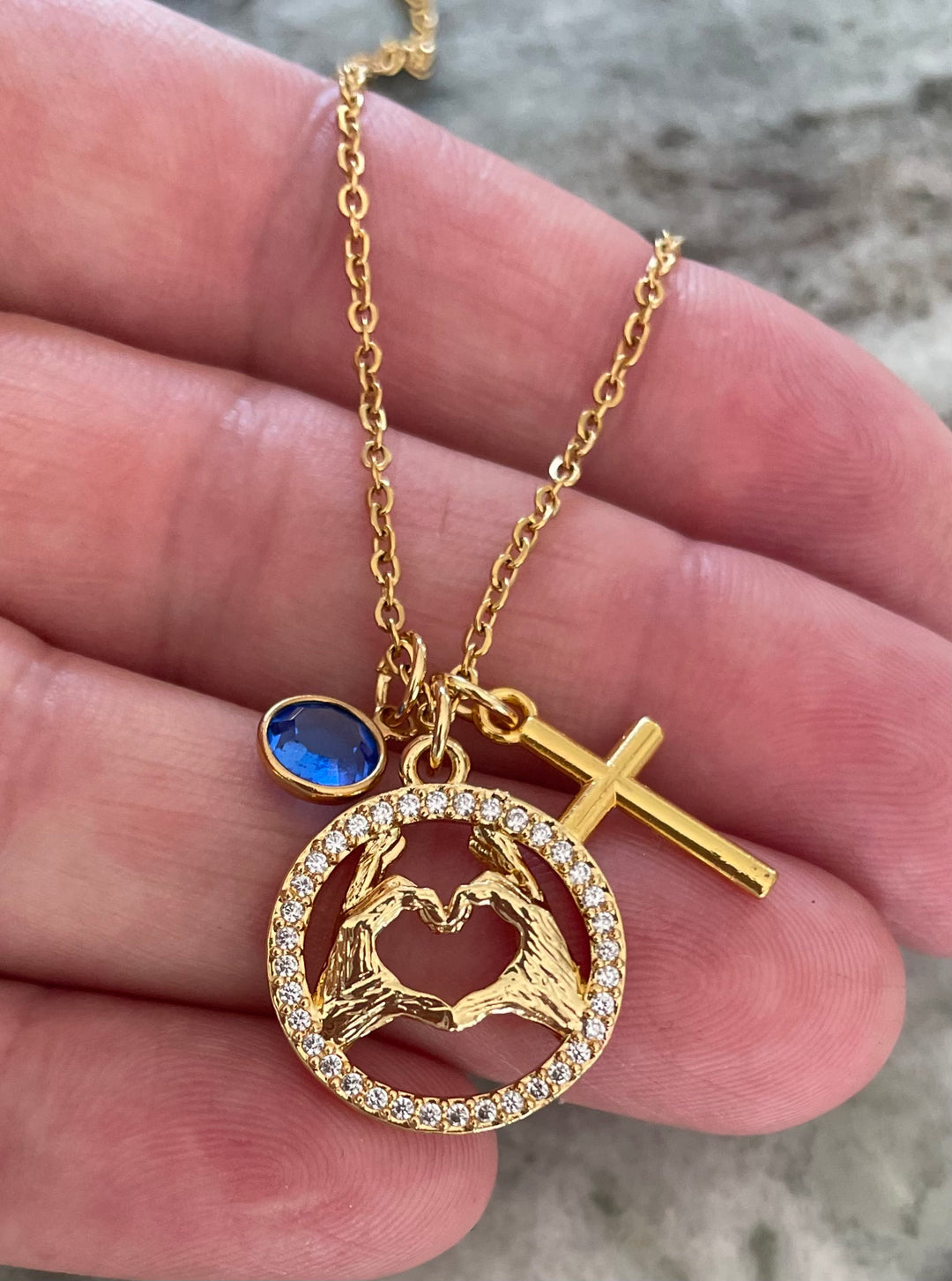 Gold Heart Hands Necklace with Cross &amp; Birthstone Religious Jewelry Gift