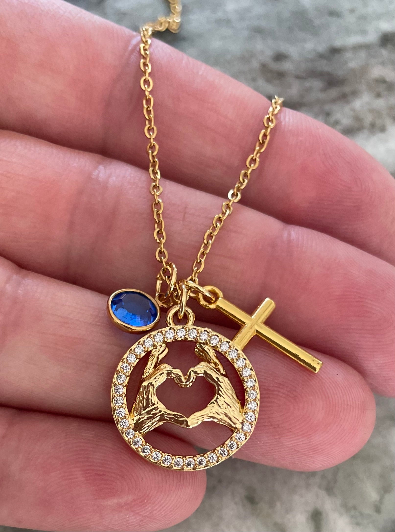 Gold Heart Hands Necklace with Cross & Birthstone Religious Jewelry Gift