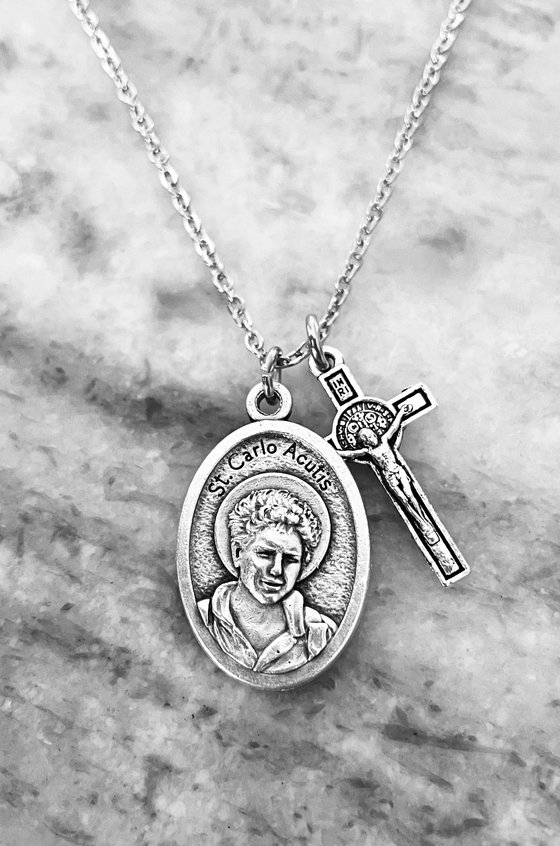 St. Carlo Acutis Necklace – Patron Saint Medal with Cross