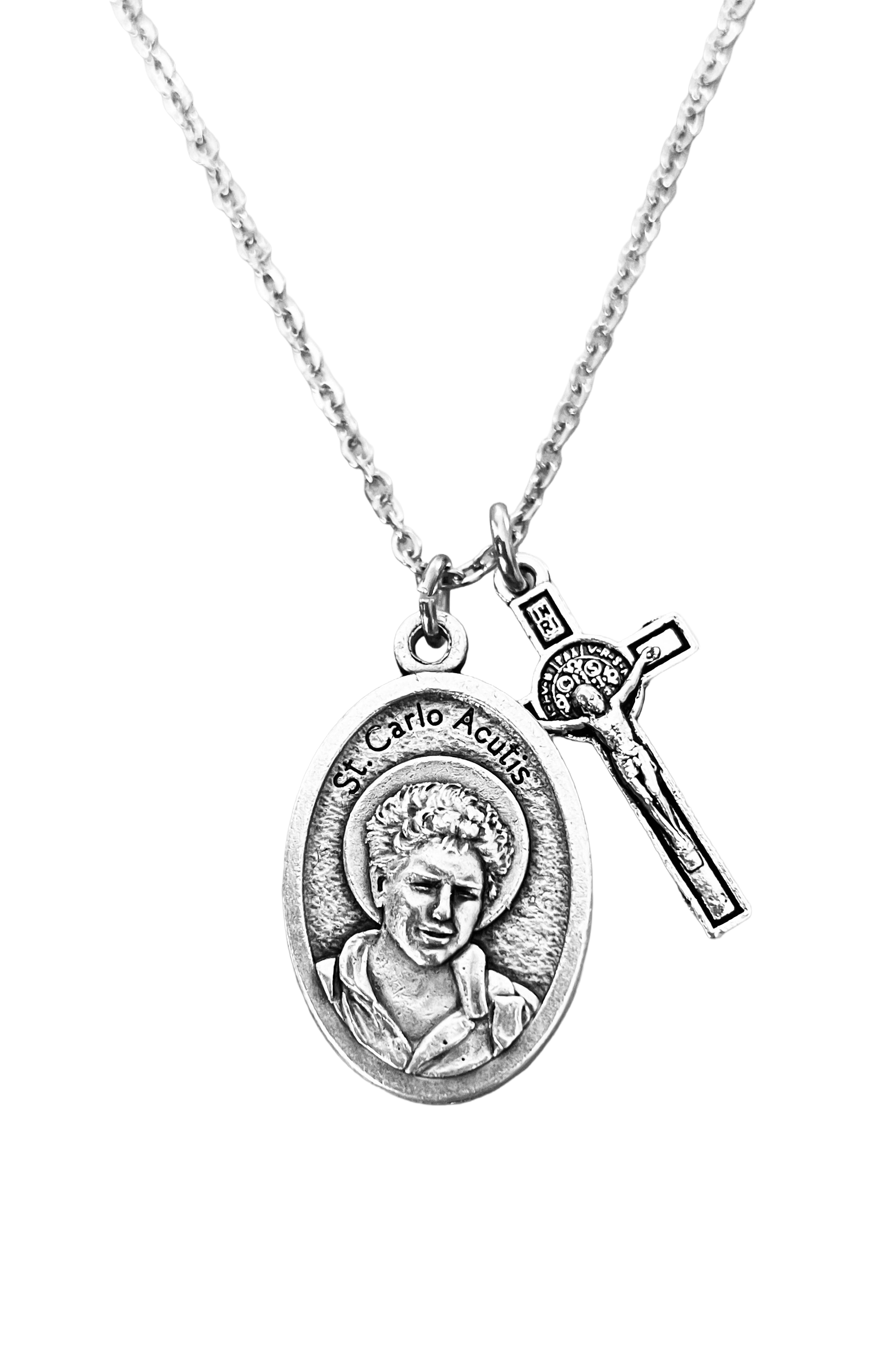 St. Carlo Acutis Medal Necklace with Cross – Oxidized Silver Patron Saint Pendant – Stainless Steel Chain with Optional Birthstone