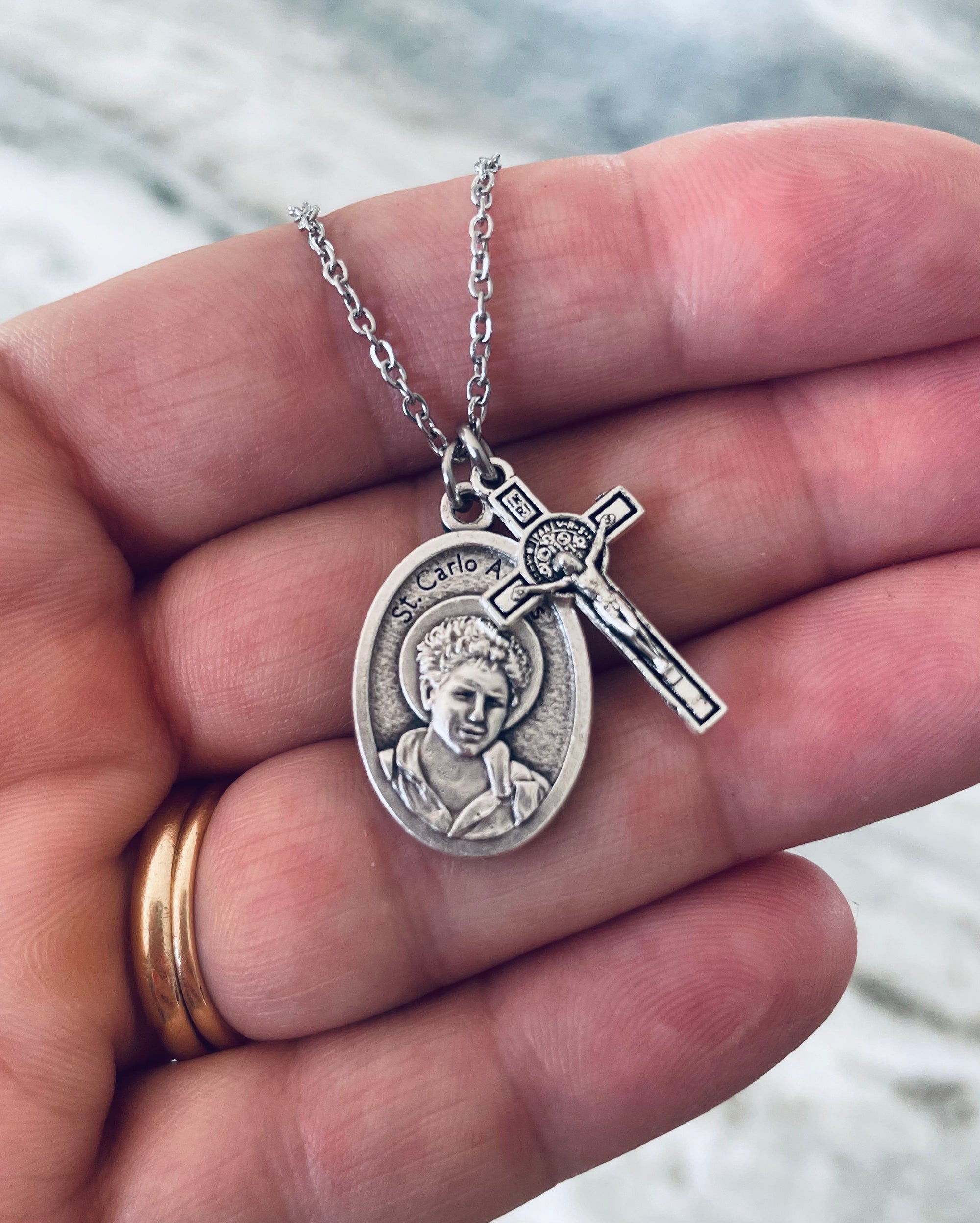 St. Carlo Acutis Necklace – Patron Saint Medal with Cross