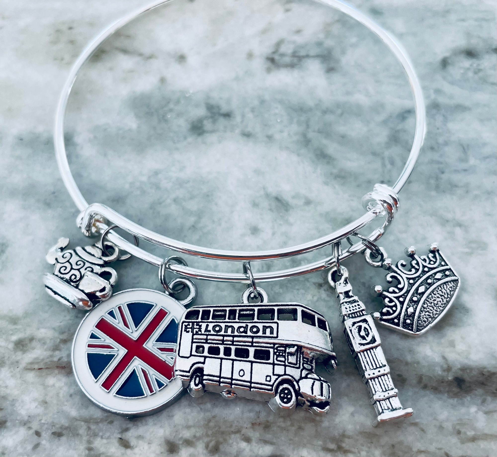 London Charm Bangle Bracelet | Silver Plated UK Travel Jewelry Gift for Her