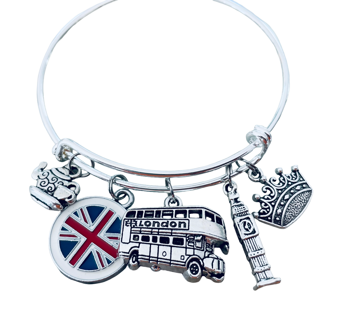 London Charm Bangle Bracelet | Silver Plated UK Travel Jewelry Gift for Her