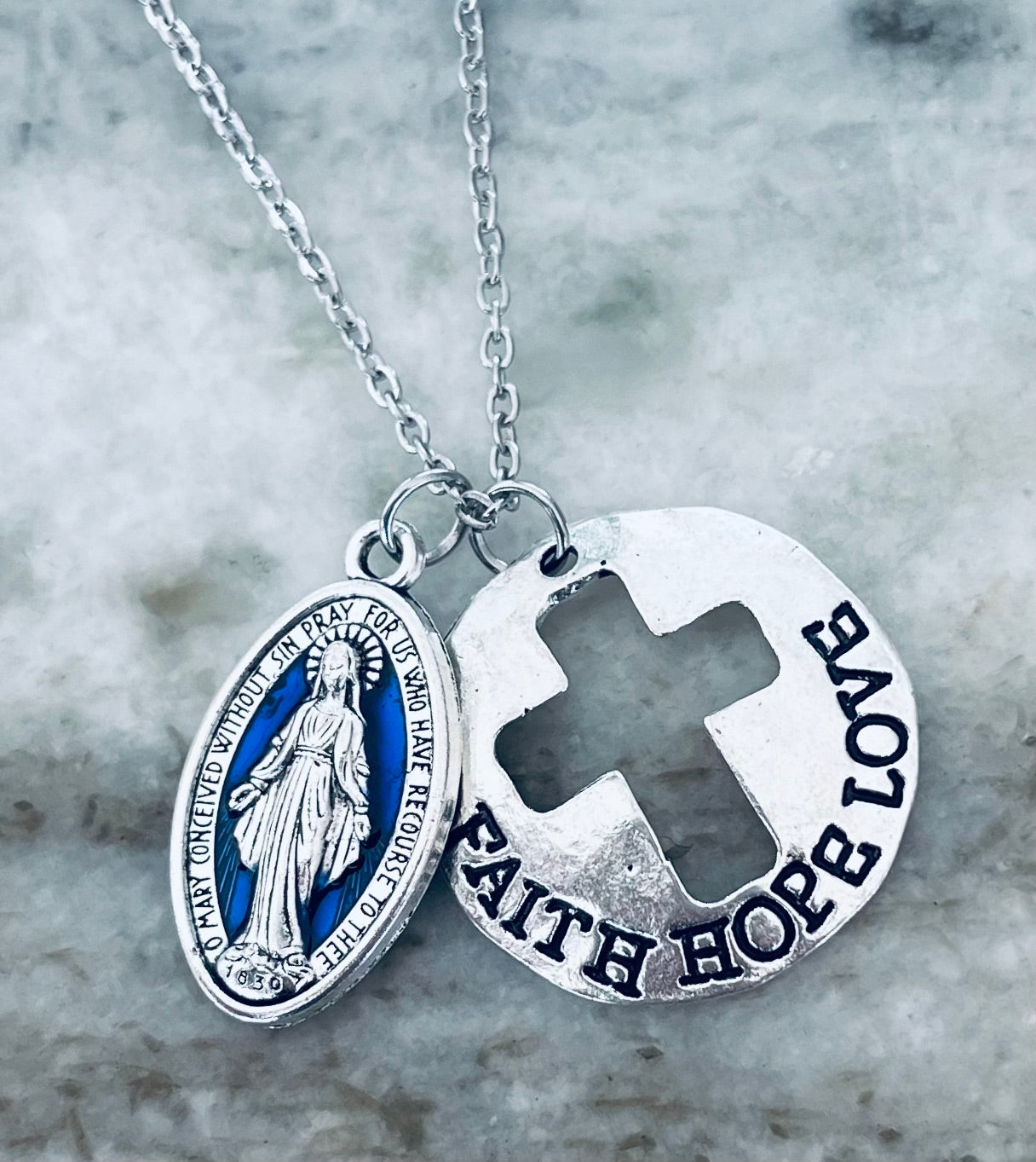 Faith Hope Love Cross and Miraculous Mary Necklace