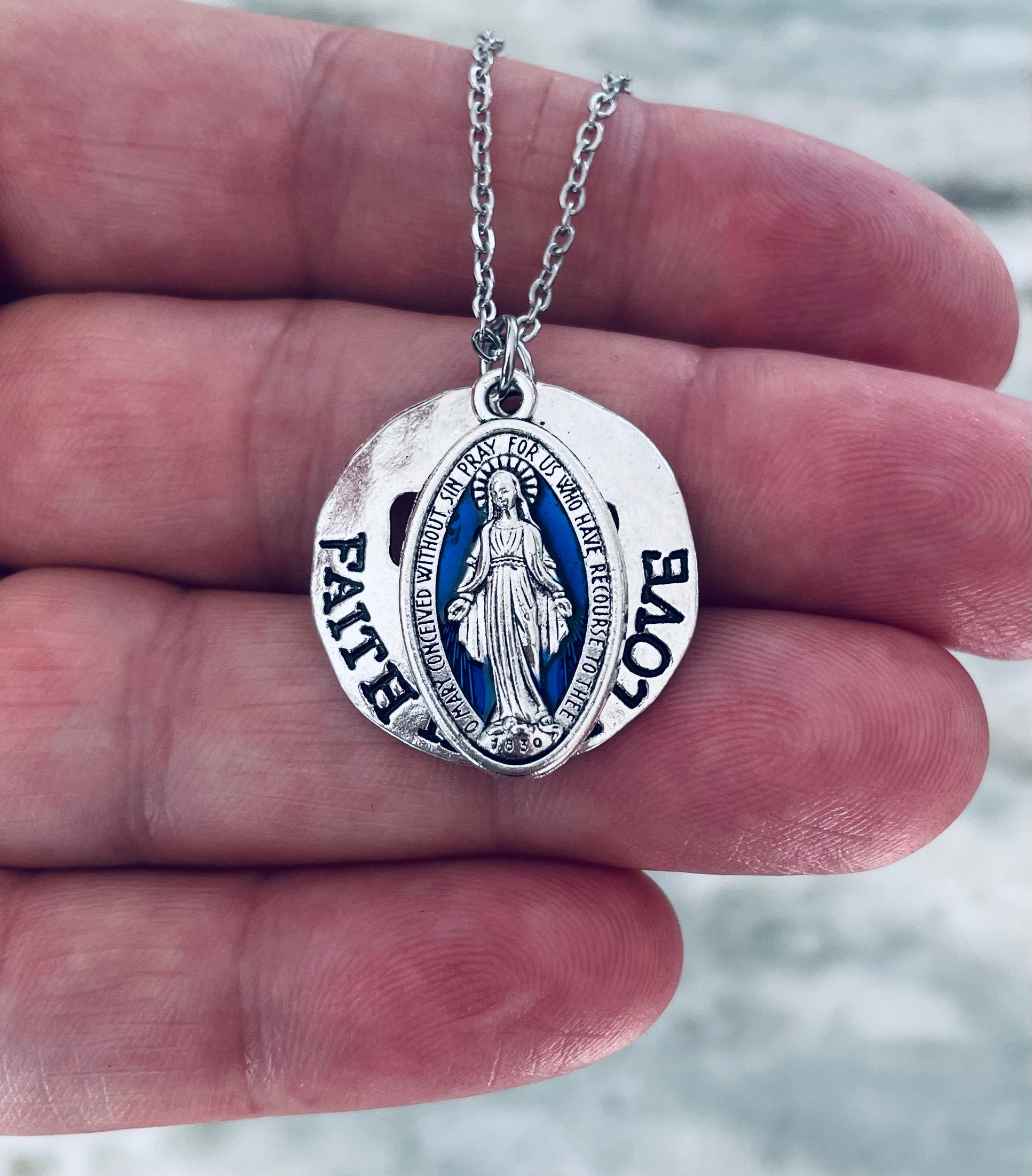 Faith Hope Love Cross and Miraculous Mary Necklace