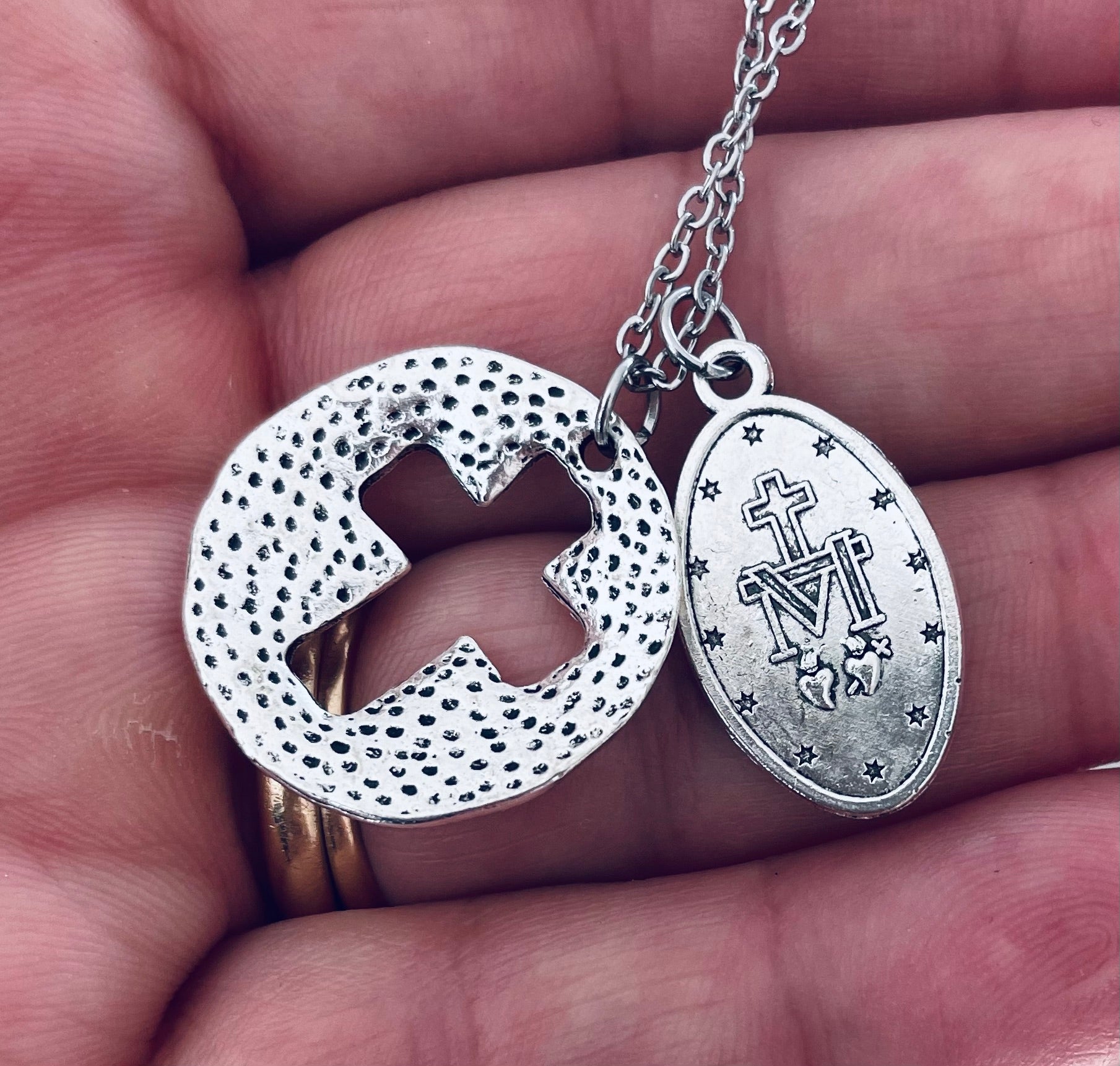 Faith Hope Love Cross and Miraculous Mary Necklace