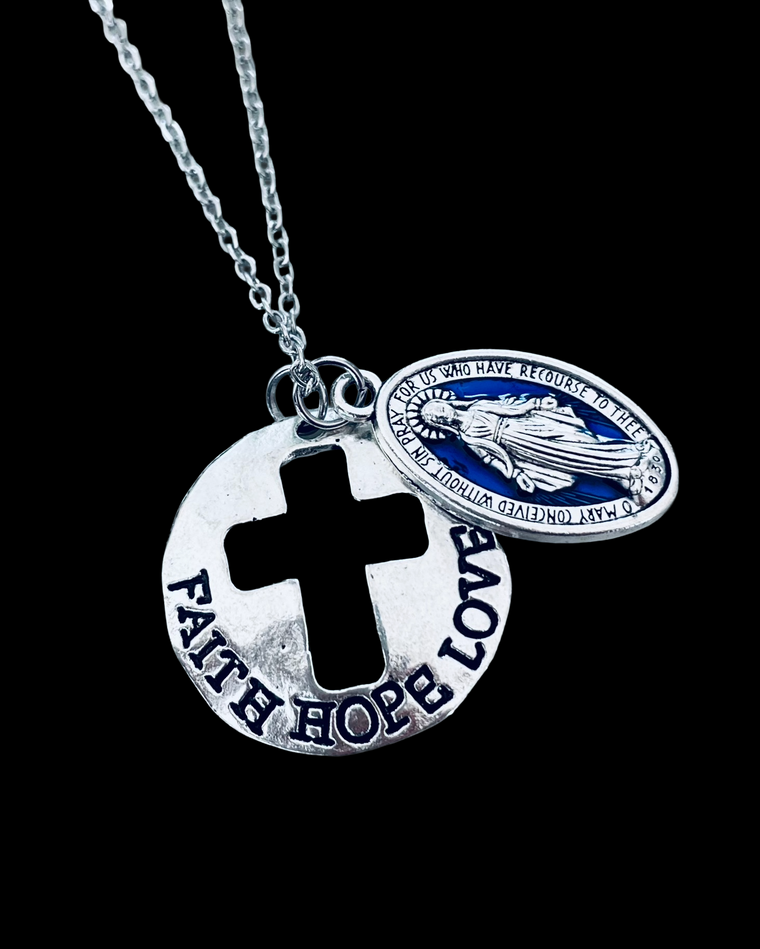 Faith Hope Love Cross and Miraculous Mary Necklace