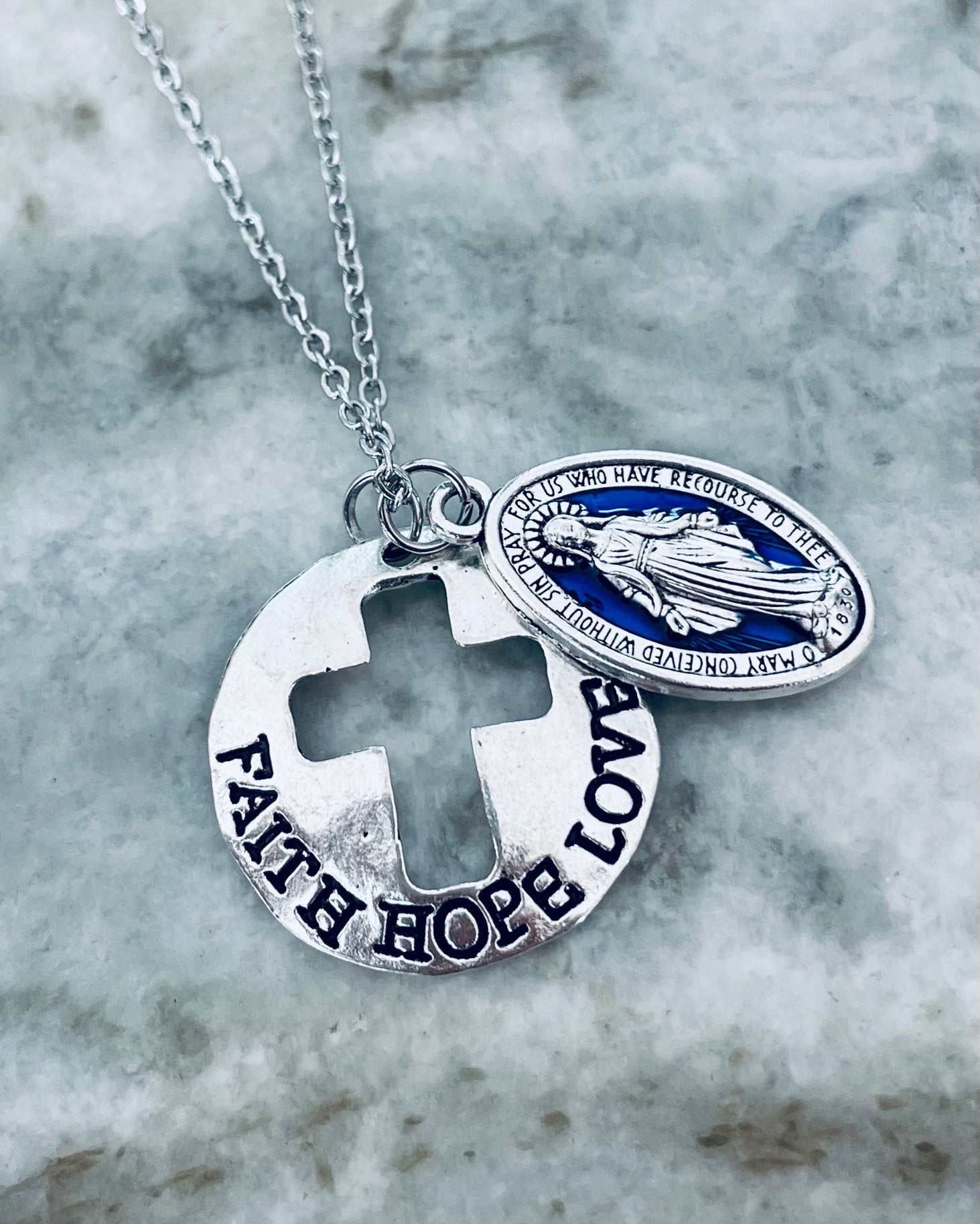 Faith Hope Love Cross and Miraculous Mary Necklace