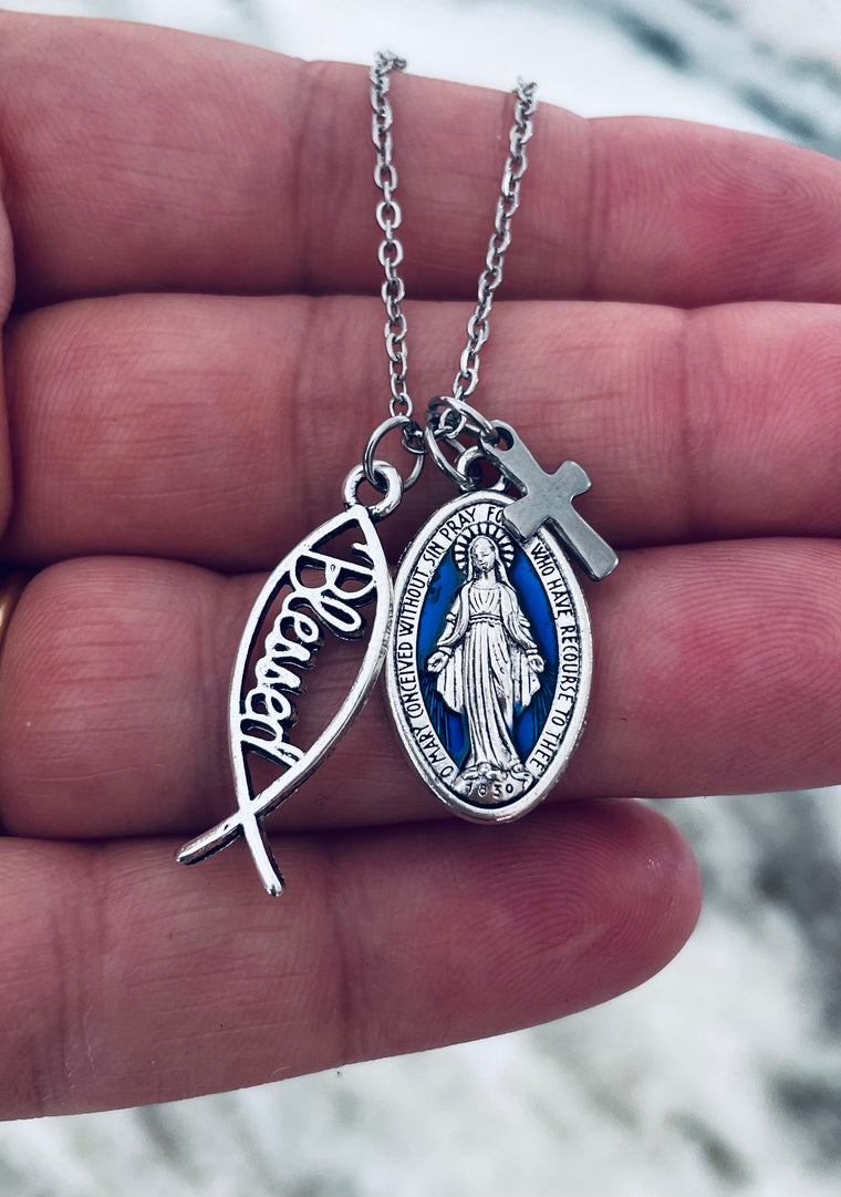 Blessed Fish Cross and Miraculous Mary Necklace – Silver Christian Pendant – Catholic Faith Jewelry Gift | Jules Obsession