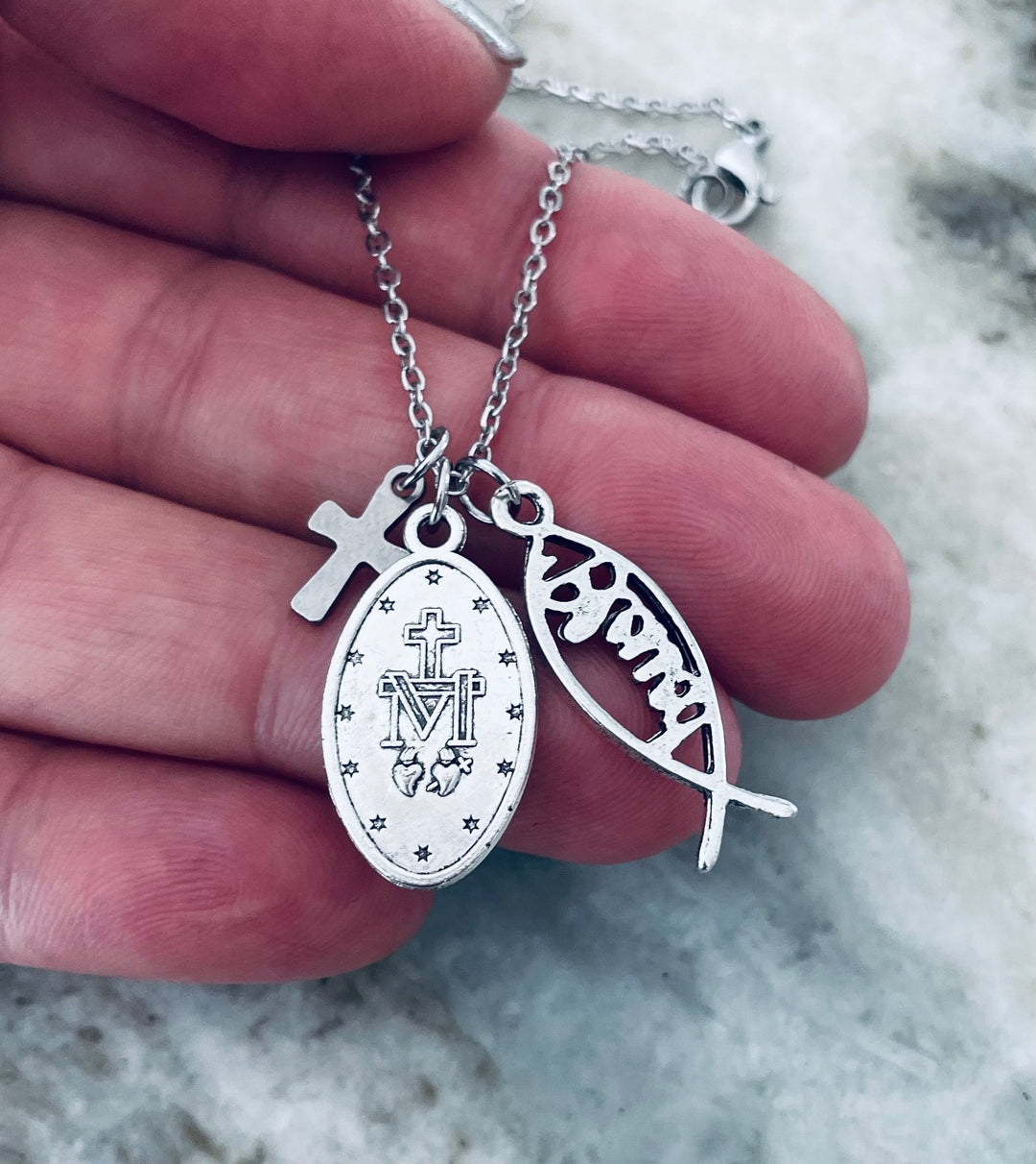 Blessed Fish Cross and Miraculous Mary Necklace – Silver Christian Pendant – Catholic Faith Jewelry Gift | Jules Obsession