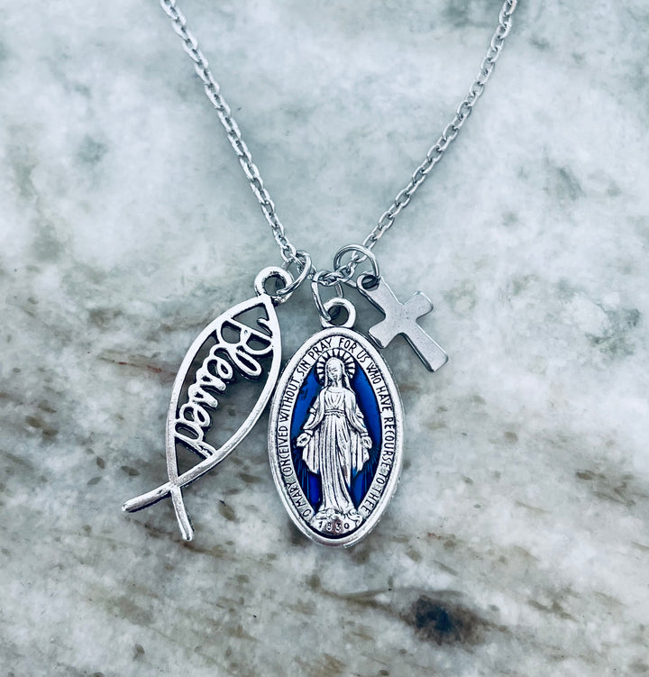 Blessed Fish Cross and Miraculous Mary Necklace – Silver Christian Pendant – Catholic Faith Jewelry Gift | Jules Obsession