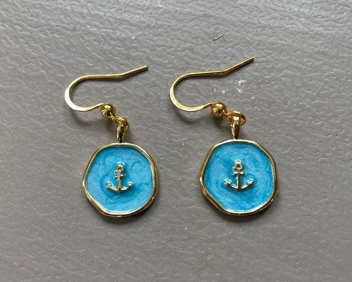 Gold Turquoise Anchor Earrings - Stainless Steel Nautical Dangle Earrings for Women