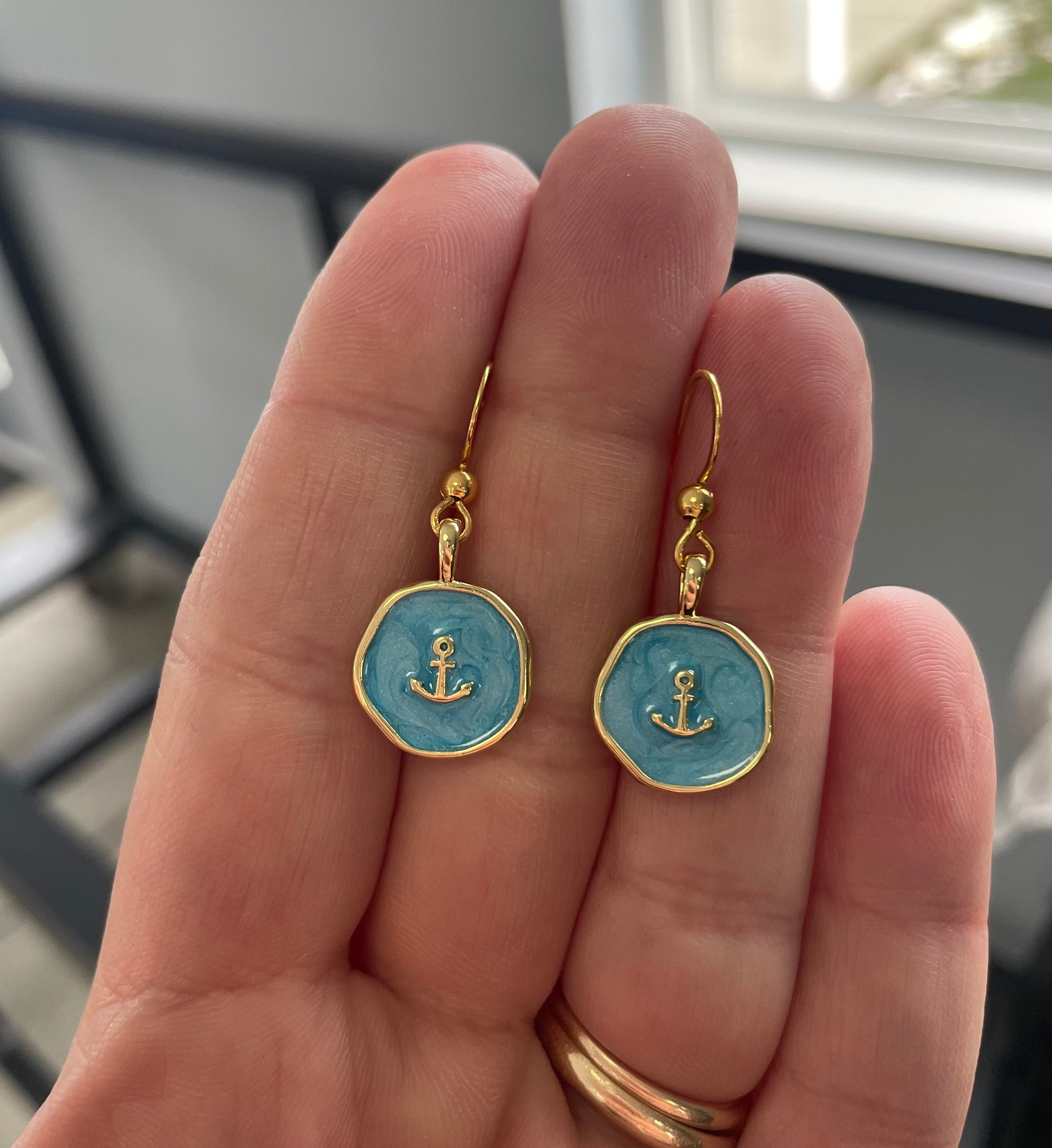 Gold Turquoise Anchor Earrings - Stainless Steel Nautical Dangle Earrings for Women