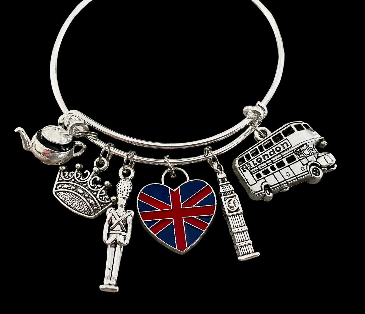 London Charm Bracelet – Adjustable Silver Bangle 