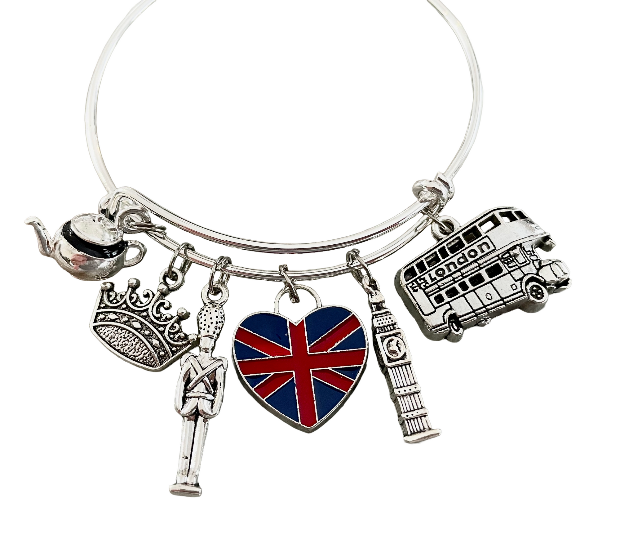 London Charm Bracelet – Adjustable Silver Bangle 