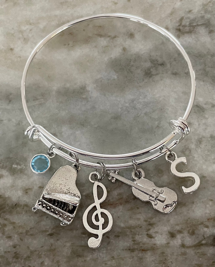 Personalized Music Charm Bracelet - Custom Birthstone &amp; Initial - Piano Violin Treble Clef Bangle Gift