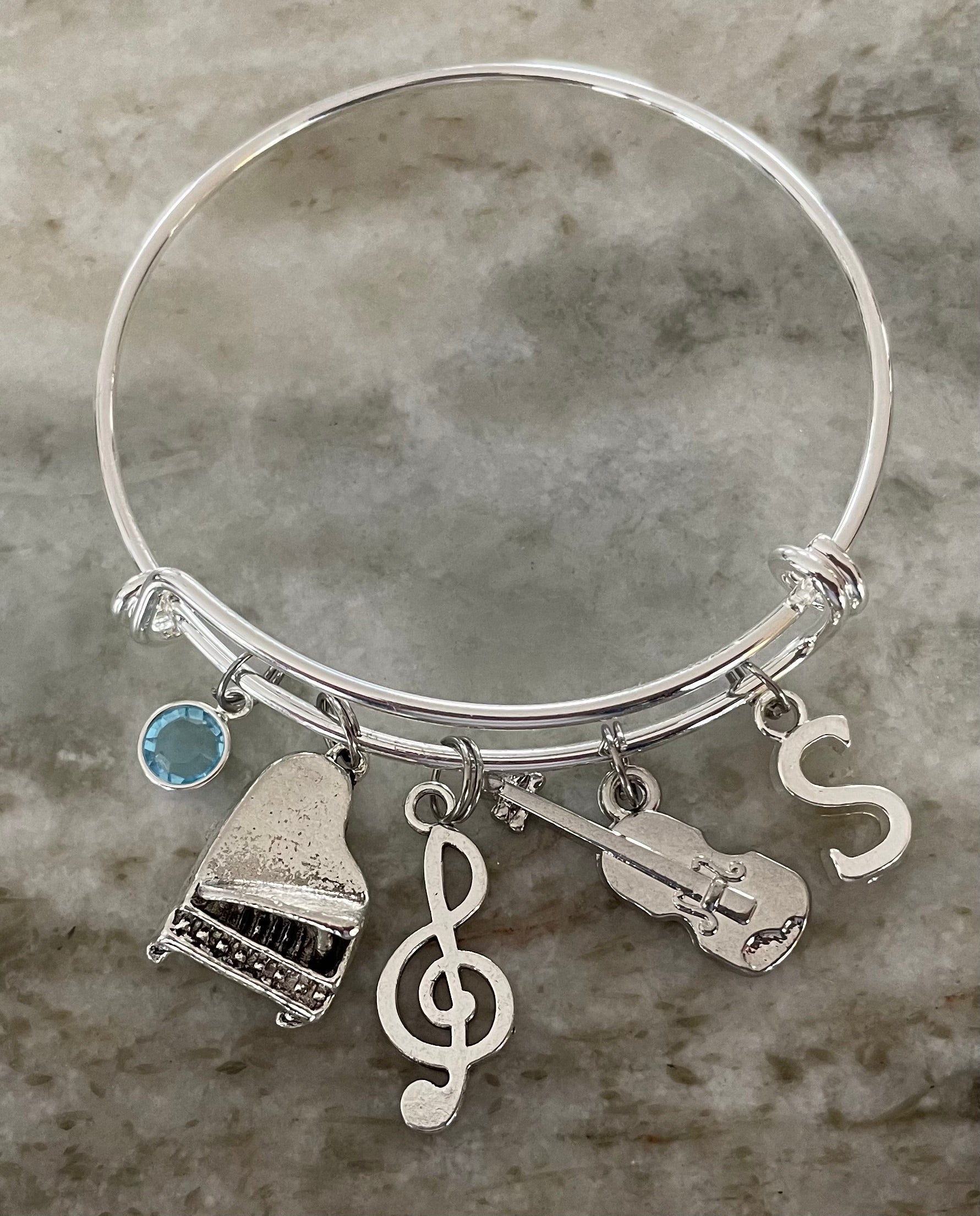 Personalized Music Charm Bracelet - Custom Birthstone & Initial - Piano Violin Treble Clef Bangle Gift