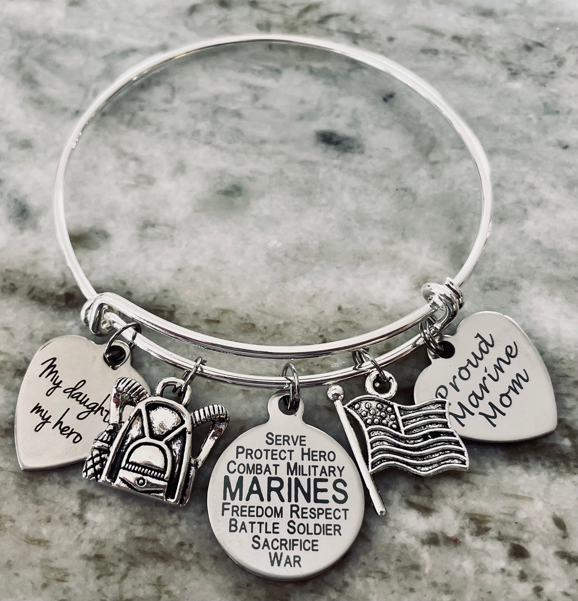 Marine Daughter Gift for Marine Mom | Expandable Charm Bracelet | Silver Adjustable Bangle