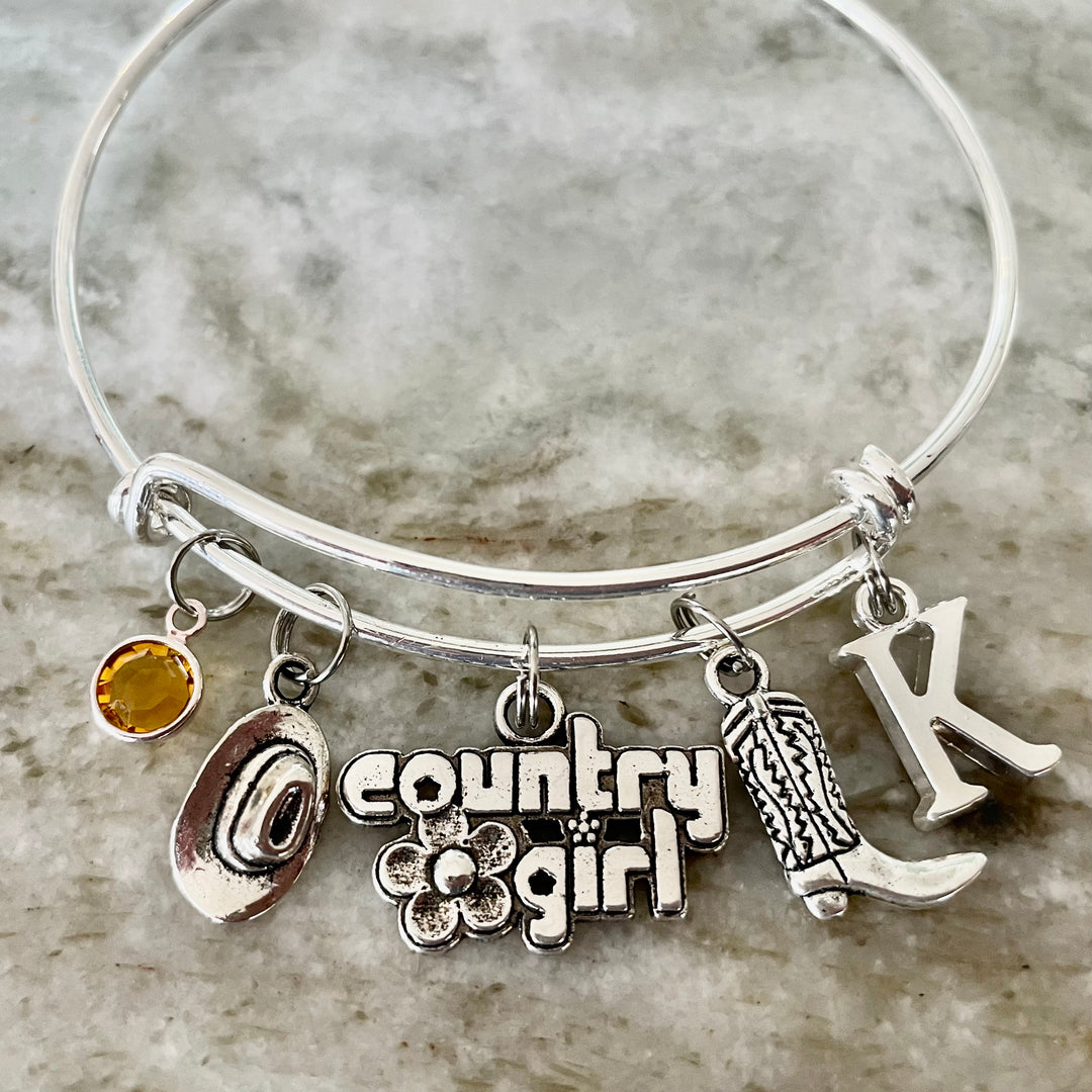 Country Girl Charm Bracelet - Personalized Expandable Bangle with Cowboy Boot, Hat &amp; Birthstone Initial Jewelry