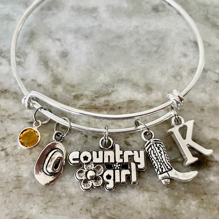 Country Girl Charm Bracelet - Personalized Expandable Bangle with Cowboy Boot, Hat &amp; Birthstone Initial Jewelry