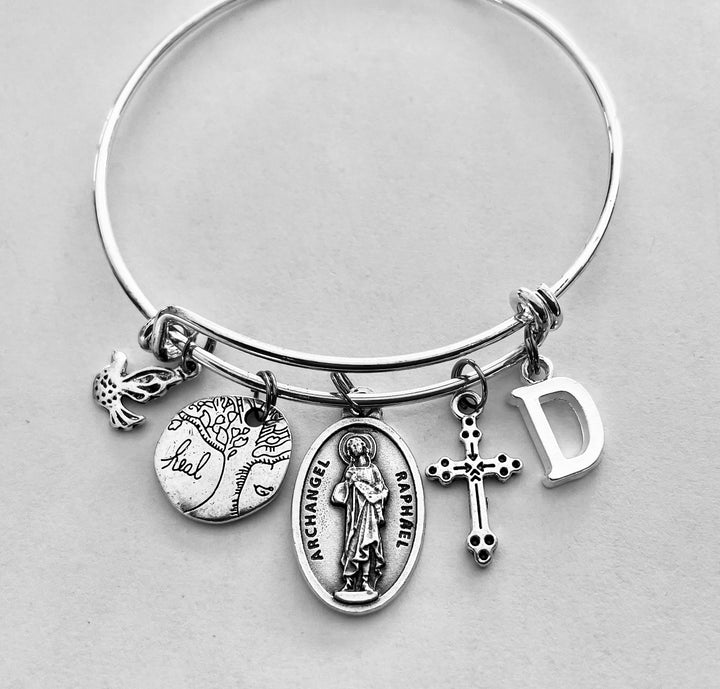 Archangel Raphael Charm Bracelet Personalized Tree of Life Silver Expandable Bangle Religious Gift