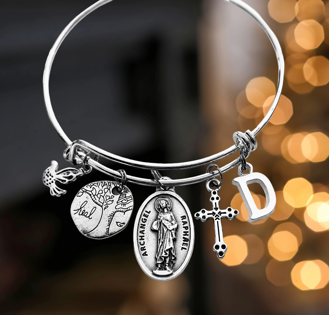 Archangel Raphael Charm Bracelet Personalized Tree of Life Silver Expandable Bangle Religious Gift