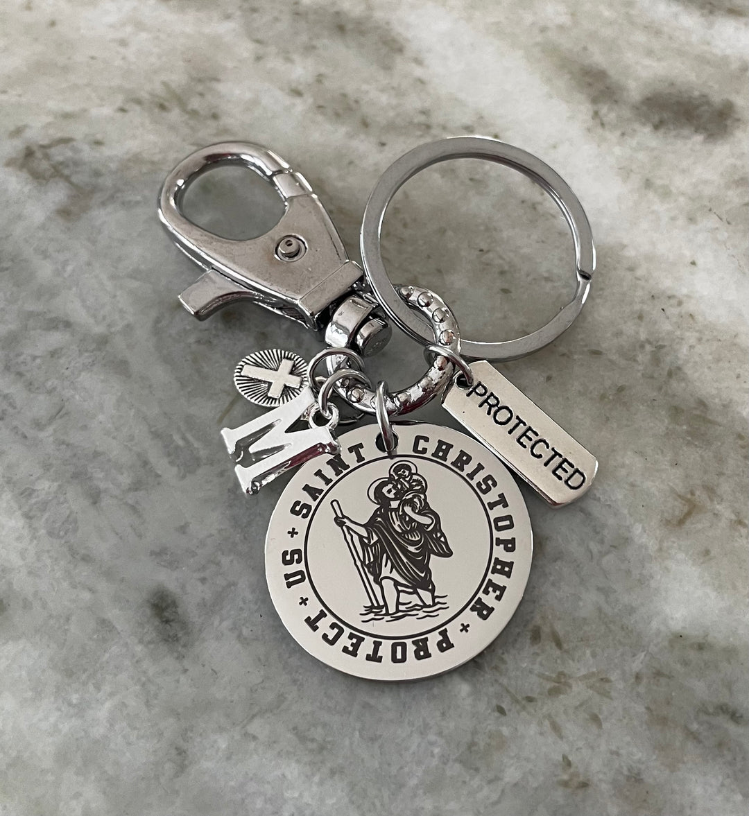 Saint Christopher Keychain, Personalized Initial Charm, Protect Us Travel Protection Keychain, 30mm St Christopher Medal