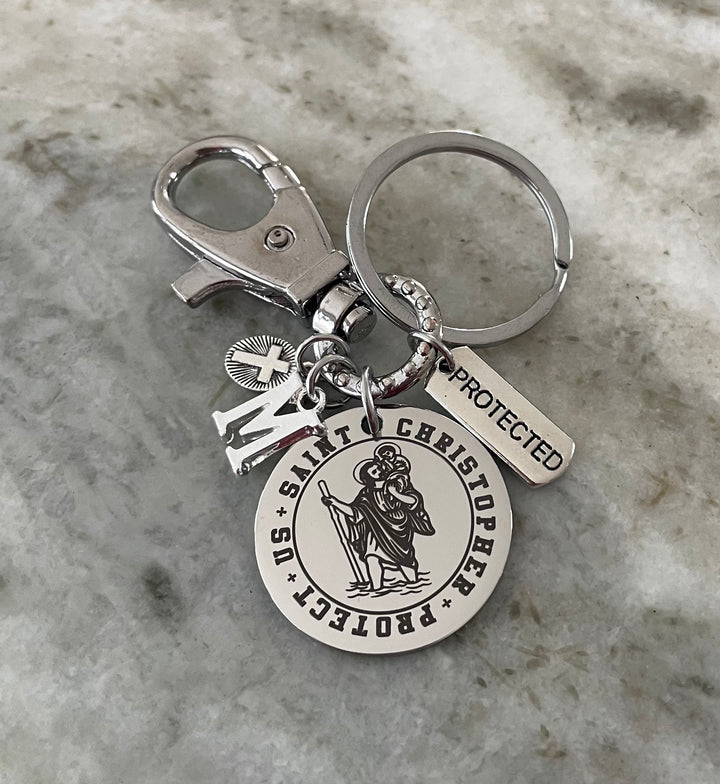 Saint Christopher Keychain, Personalized Initial Charm, Protect Us Travel Protection Keychain, 30mm St Christopher Medal