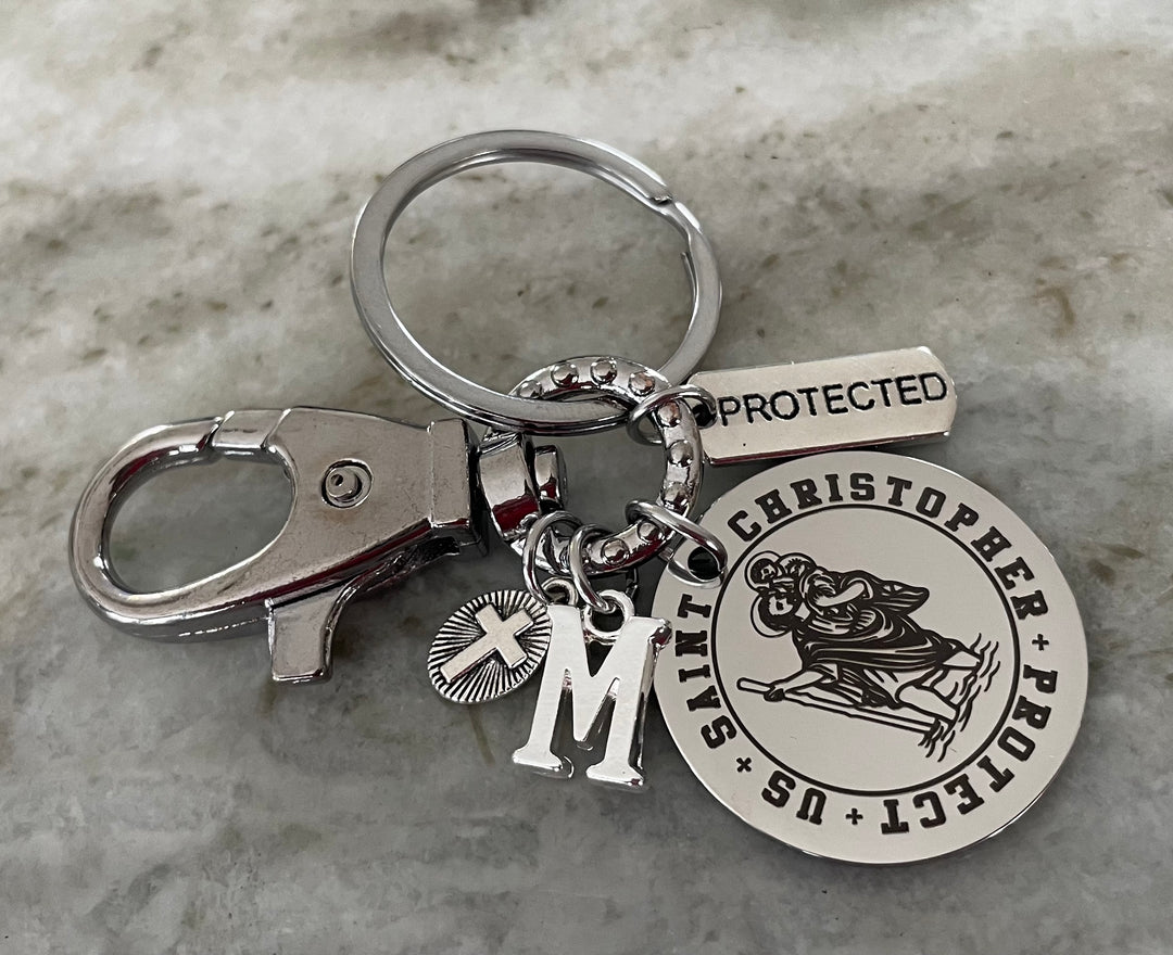 Saint Christopher Keychain, Personalized Initial Charm, Protect Us Stainless Steel Religious Keychain, Catholic Gift, Travel Protection Keychain