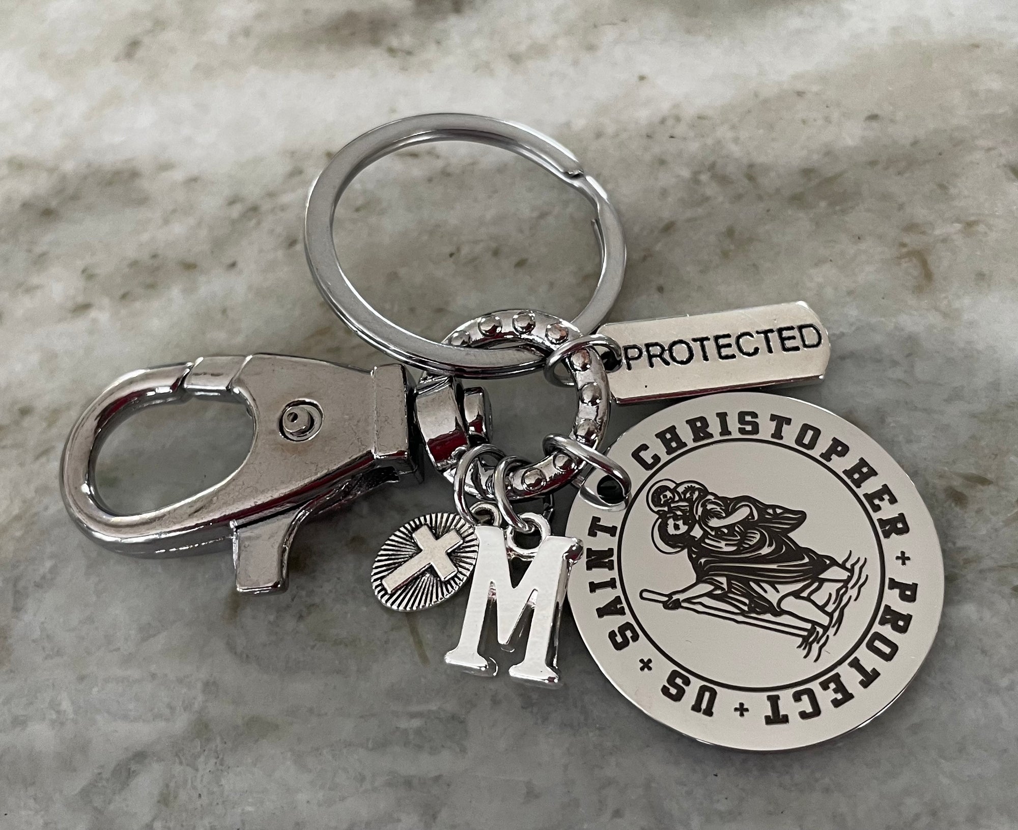 Saint Christopher Keychain, Personalized Initial Charm, Protect Us Stainless Steel Religious Keychain, Catholic Gift, Travel Protection Keychain