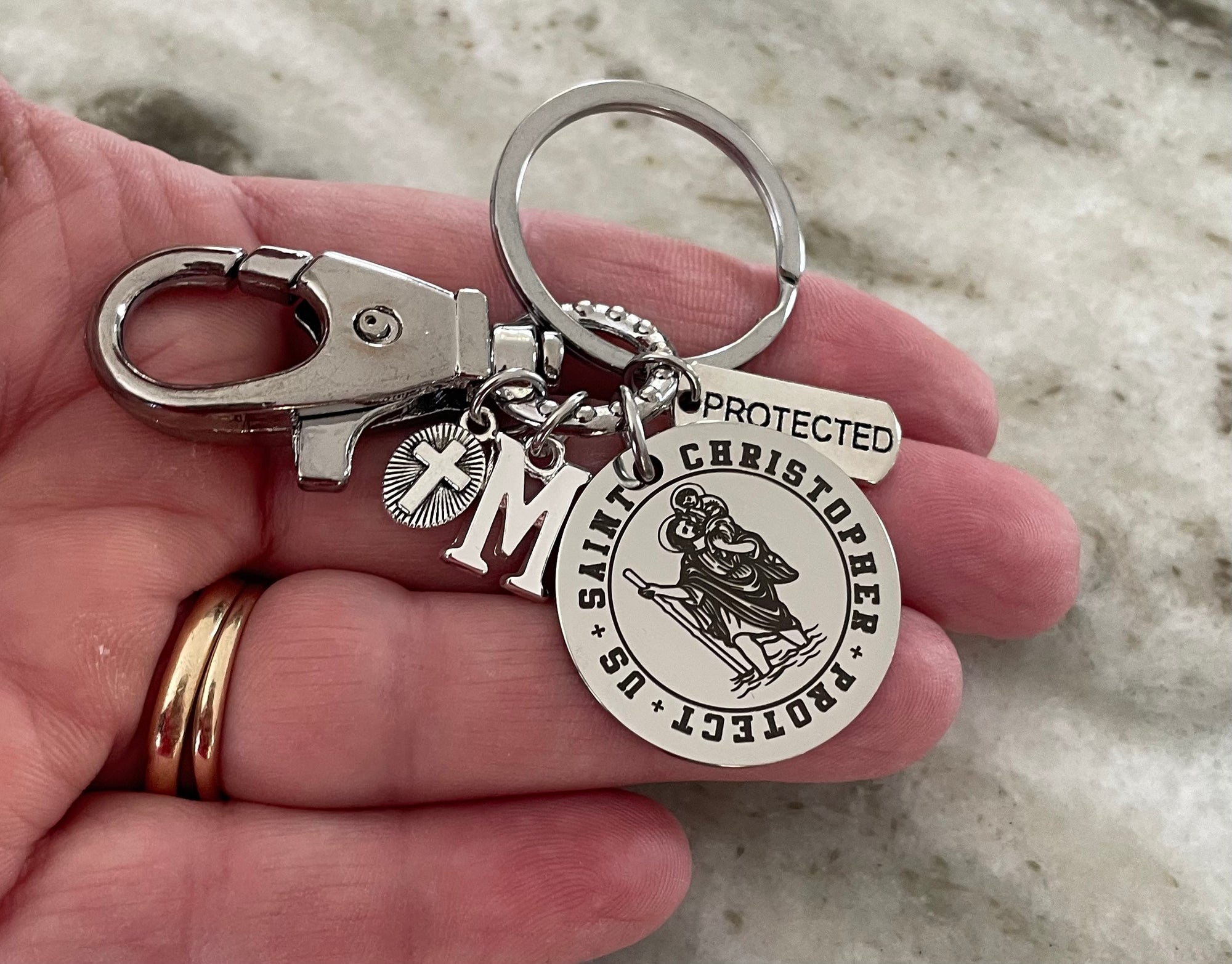 Saint Christopher Keychain, Personalized Initial Charm, Protect Us Stainless Steel Religious Keychain, Catholic Gift, Travel Protection Keychain, 30mm St Christopher Medal