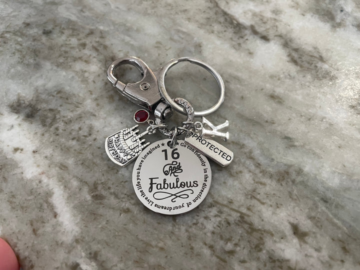 Sweet 16 Birthday Keychain - Personalized Initial &amp; Birthstone - 16 and Fabulous Gift