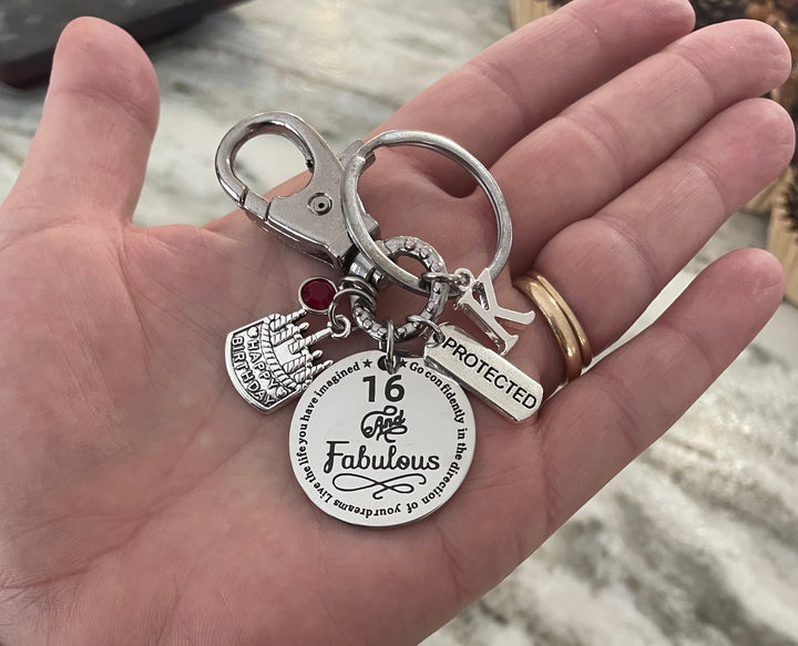 Sweet 16 Birthday Keychain - Personalized Initial &amp; Birthstone - 16 and Fabulous Gift