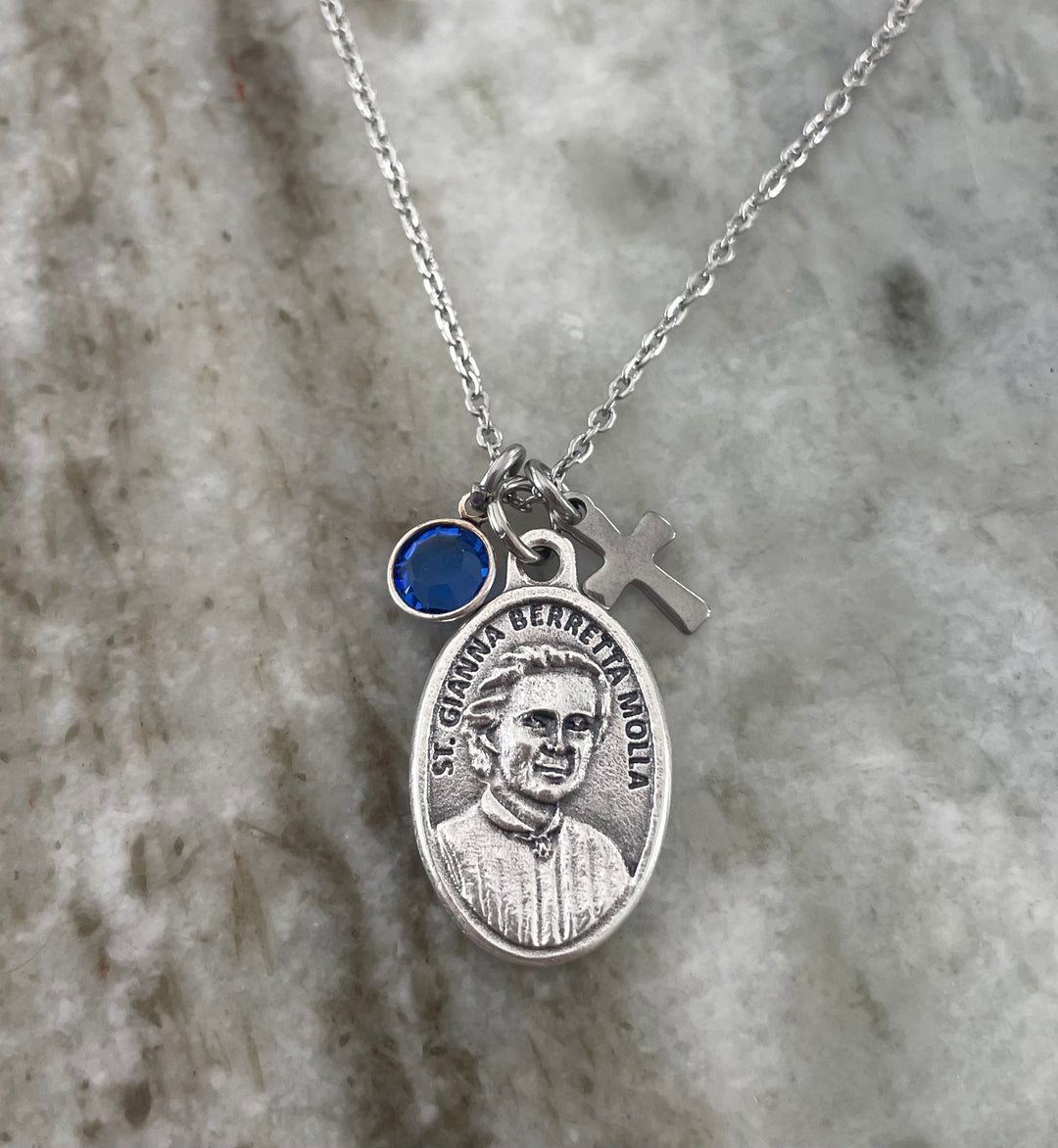 St Gianna Beretta Molla Necklace, Patron Saint of Mothers, Personalized Birthstone Cross Necklace, Stainless Steel Catholic Jewelry