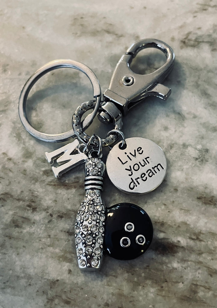Bowling Keychain Gift Personalized Initial Charm Live Your Dream Bowling Pin Ball Keyring Crystal Bowler Gift