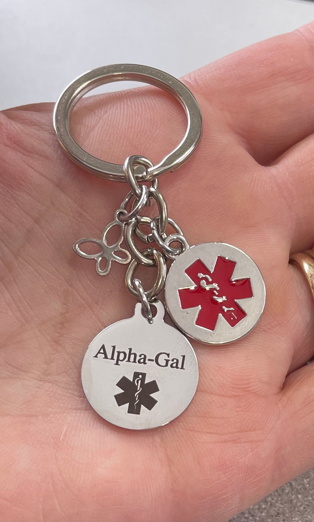 Alpha-Gal Medical Alert Keychain Emergency ID Tag, Red Medical Symbol Charm