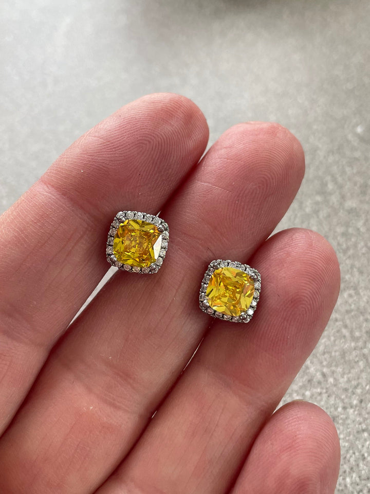 2 Carat Yellow Moissanite Earrings Sterling Silver, Halo Stud Earrings
