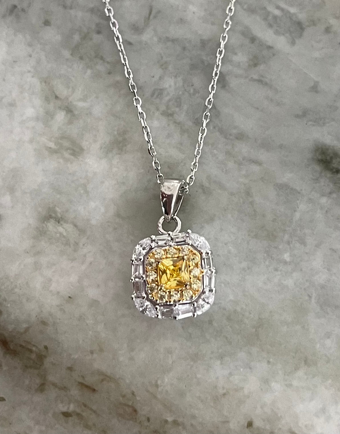 Princess Cut Yellow Moissanite Necklace, Double Halo Sterling Silver, 16-18 Inch Chain