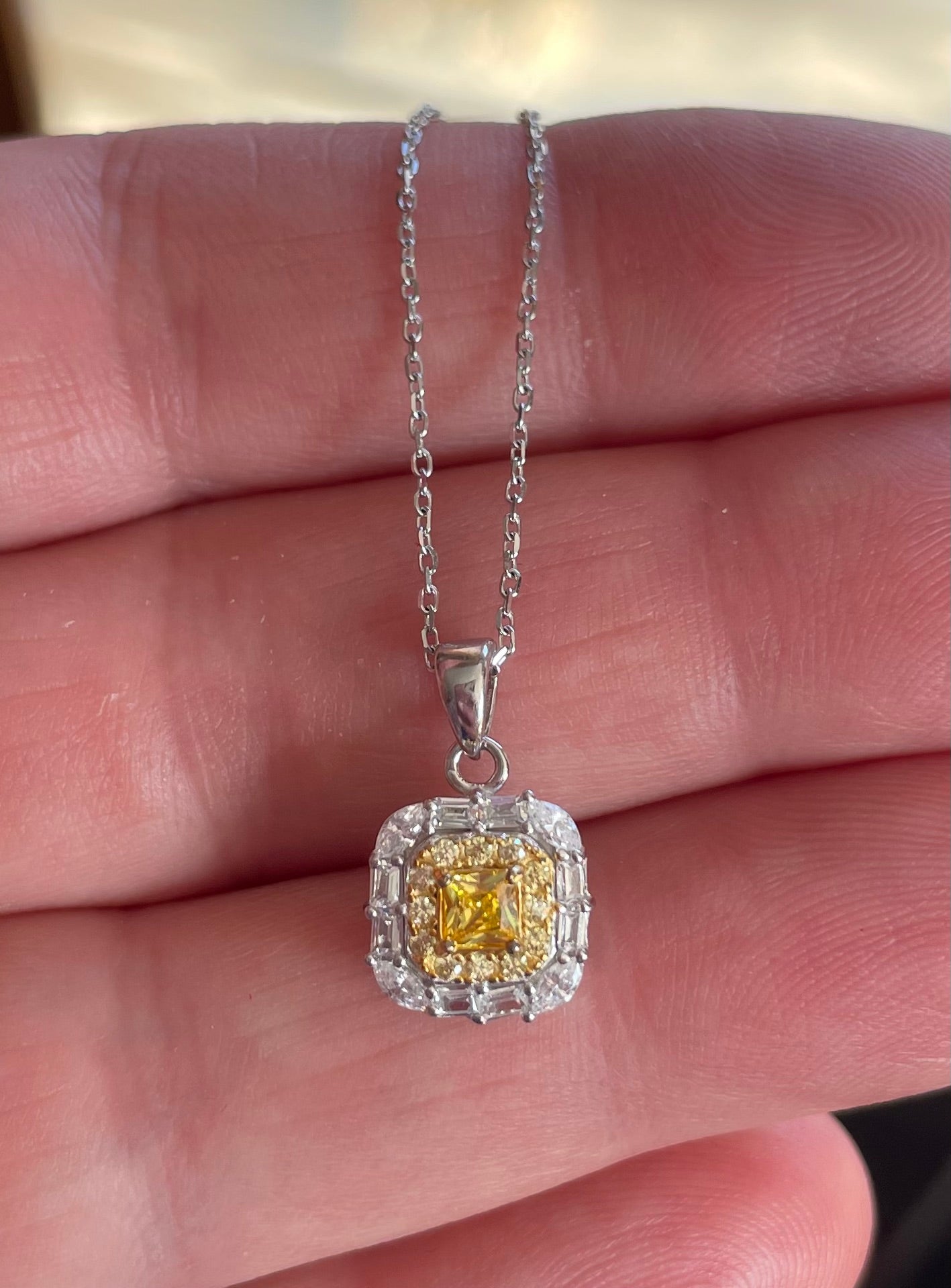 Princess Cut Yellow Moissanite Necklace, Double Halo Sterling Silver, 16-18 Inch Chain