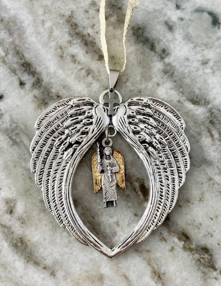 Archangel Michael Car Charm, Guardian Angel Rearview Mirror Ornament, Silver Wing Pendant, Protection Car Accessory