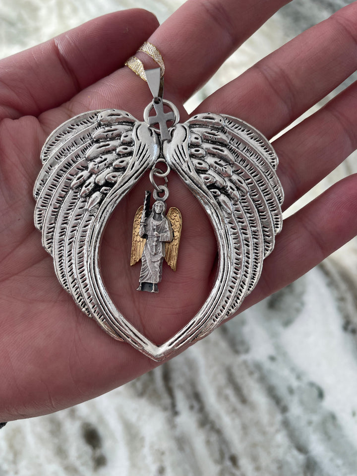 Archangel Michael Car Charm, Guardian Angel Rearview Mirror Ornament, Silver Wing Pendant, Protection Car Accessory