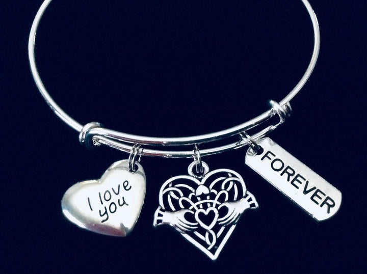 I Love You Forever Bracelet - Celtic Claddagh Charm Bangle | Adjustable Silver