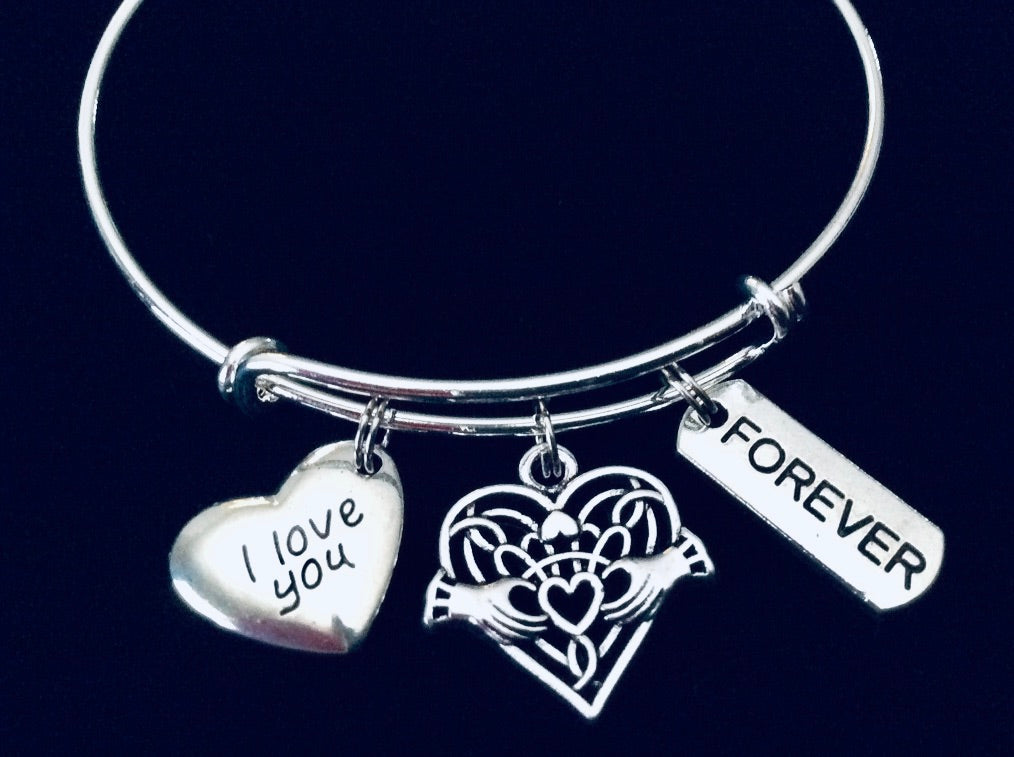 Celtic Claddagh I Love You Silver Expandable Charm Bracelet Adjustable Stacking Bangle