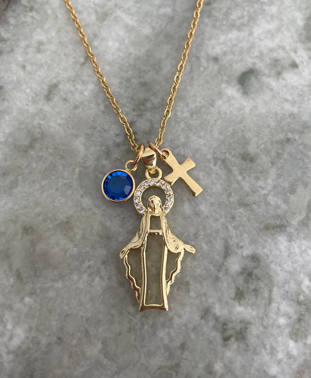 Gold Miraculous Medal Necklace with Birthstone - 1 Inch Virgin Mary Pendant on Stainless Steel Chain